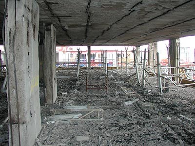 The interior of a building that was fire damaged during construction