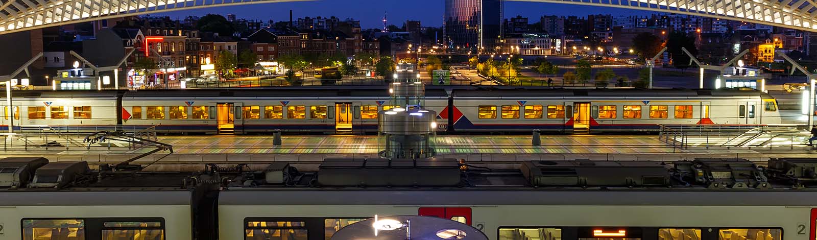 View of trains in a station, from above, the cityscape beyond.