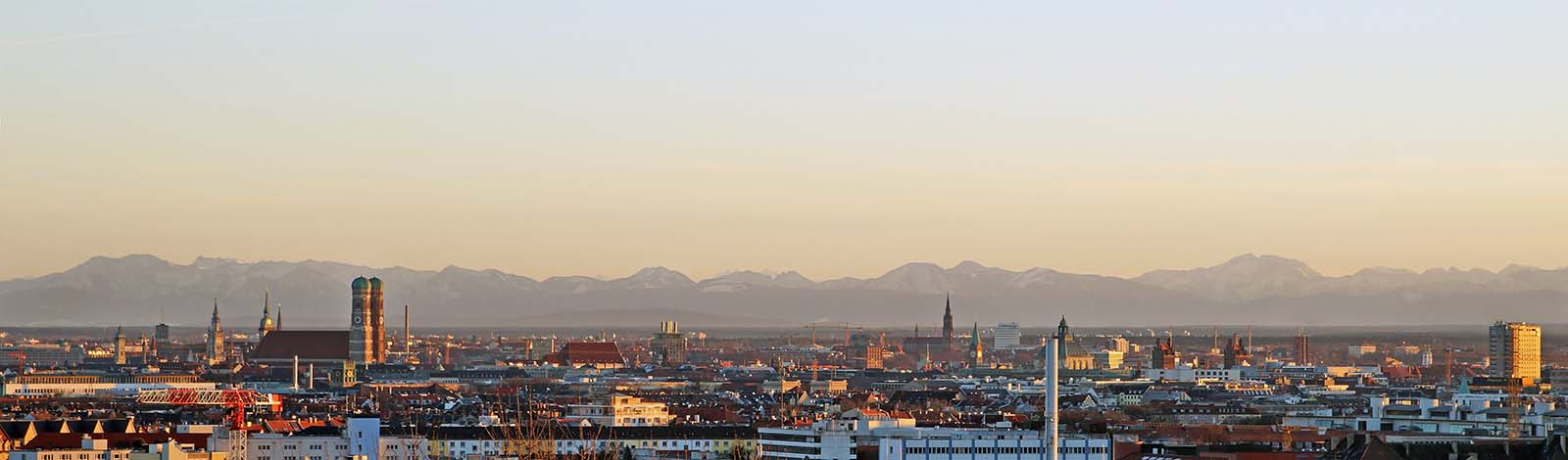 Panoramic view of Munich skyline and the hills in the background