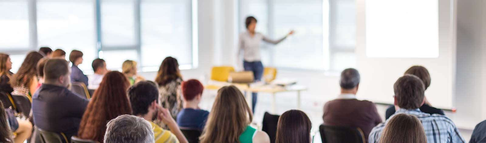 View of a woman presenting to a training room