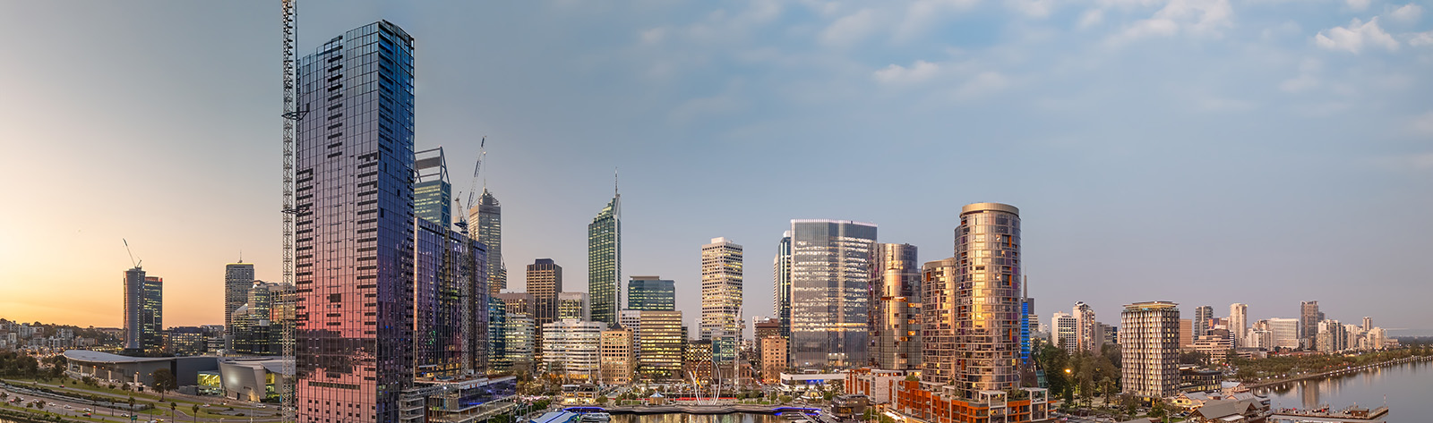 A panorama of a bay with high rise modern buildings, in Perth, Australia